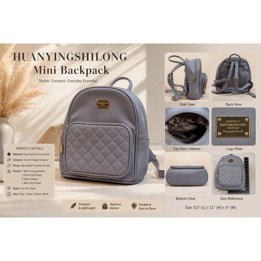 Jingpin Huanyingshiyong Grey Quilted Mini Backpack Faux Leather Gold Hardware